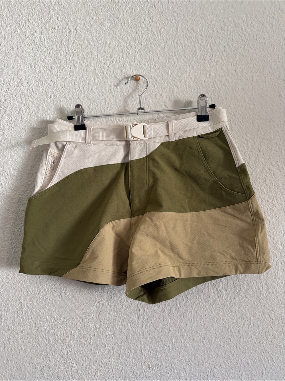Outdoor Voices Olive, Beige & Cream Colorblock Athletic Shorts
